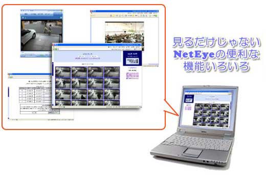 見るだけじゃない。NetEyeの便利な機能いろいろ
リアルタイムライブ映像 録画画像一覧 動画再生 アラーム検知をメールでお知らせ